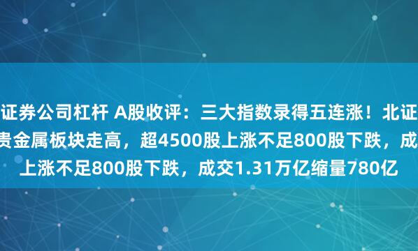 证券公司杠杆 A股收评：三大指数录得五连涨！北证50涨超2%，海南、贵金属板块走高，超4500股上涨不足800股下跌，成交1.31万亿缩量780亿